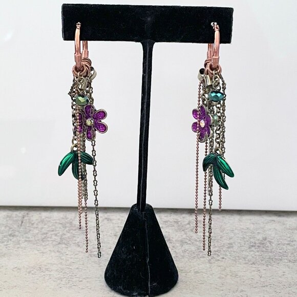 Betsey Johnson Luv Betsey Purple Flower Charm Chain Hoop Pierced Earrings 4" - Picture 1 of 2